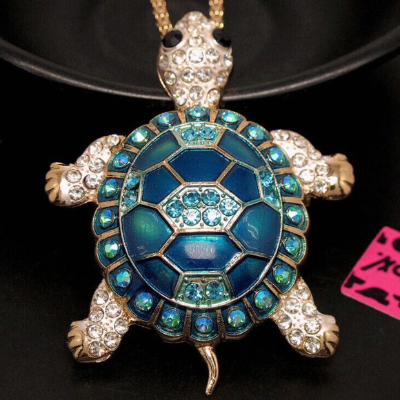 Betsey Johnson Turquoise Rhinestone, Crystal & Enamel TURTLE  Pendant Necklace - Picture 9 of 10